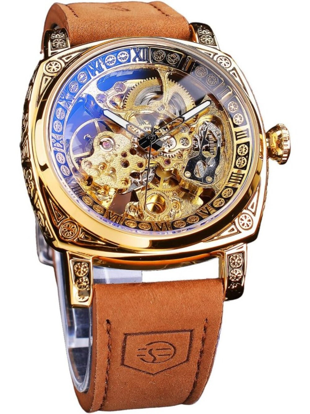 Retro Square Mechanical Watch for Men, Skeleton Automatic, Vintage Leather Strap